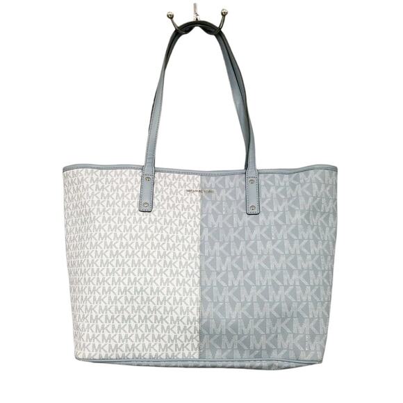 Michael Kors Jet Set Medium Carryall Tote Blue & White Aluminum Charm Zip Purse - Picture 2 of 10